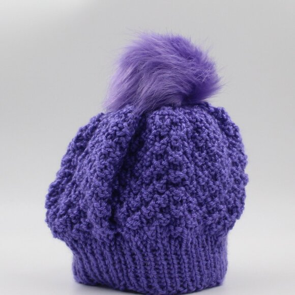 Handmade Hand Knit Purple Double Moss Stitch Beanie Hat with Faux Fur Pom Pom - Picture 4 of 4